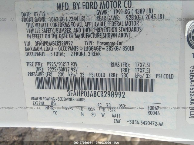 Photo 8 VIN: 3FAHP0JA8CR298992 - FORD FUSION 