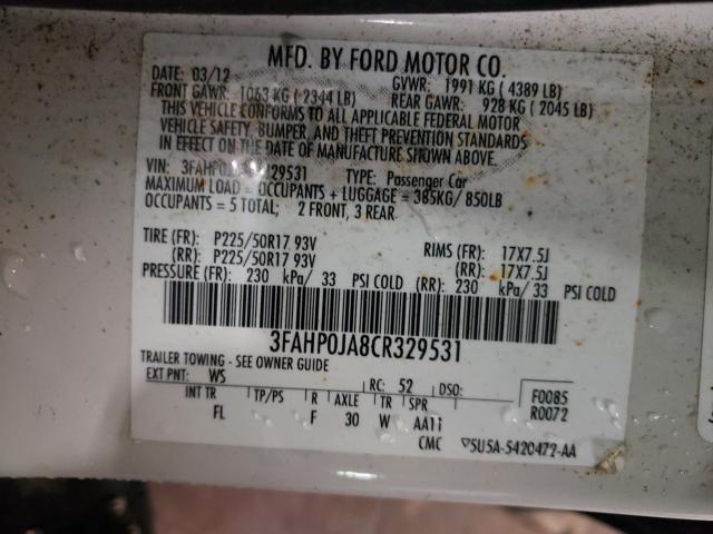 Photo 9 VIN: 3FAHP0JA8CR329531 - FORD FUSION SEL 