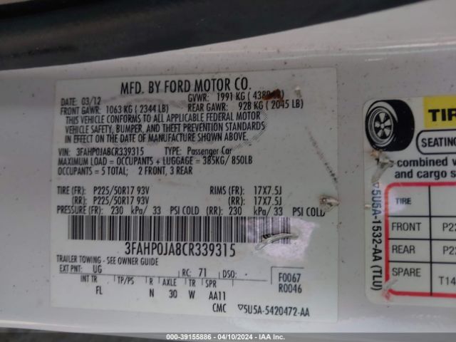 Photo 8 VIN: 3FAHP0JA8CR339315 - FORD FUSION 