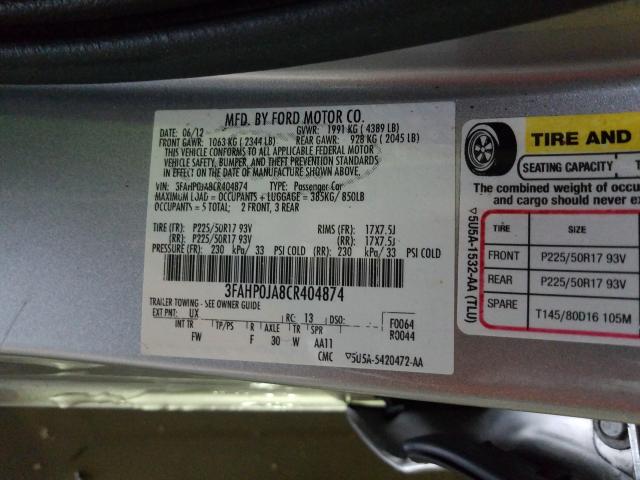 Photo 9 VIN: 3FAHP0JA8CR404874 - FORD FUSION SEL 