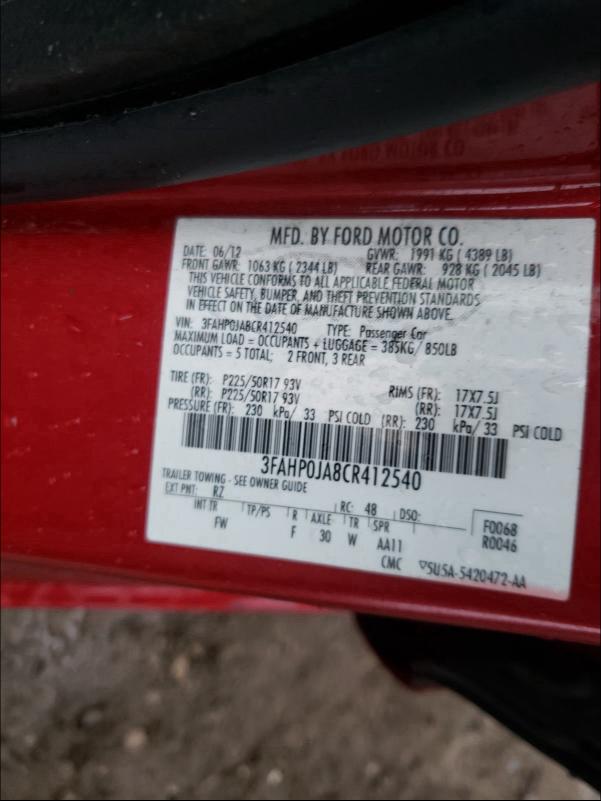 Photo 9 VIN: 3FAHP0JA8CR412540 - FORD FUSION SEL 