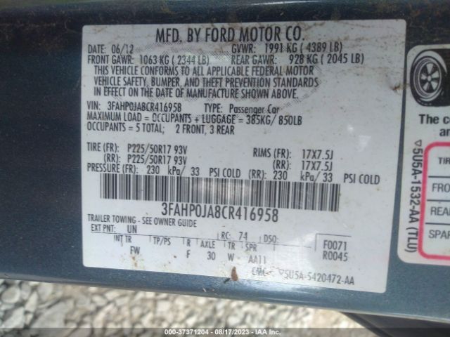 Photo 8 VIN: 3FAHP0JA8CR416958 - FORD FUSION 