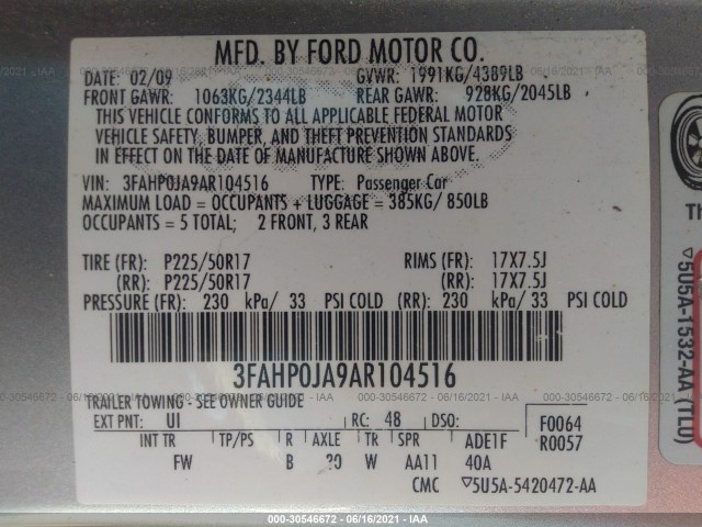 Photo 8 VIN: 3FAHP0JA9AR104516 - FORD FUSION 