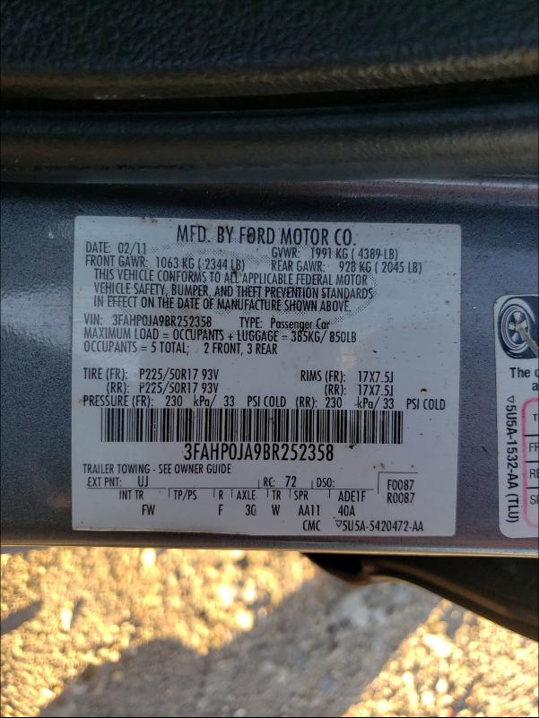 Photo 9 VIN: 3FAHP0JA9BR252358 - FORD FUSION SEL 