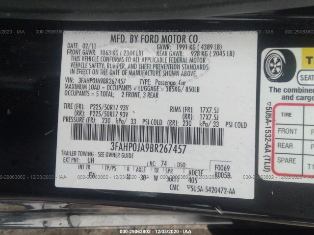 Photo 8 VIN: 3FAHP0JA9BR267457 - FORD FUSION 