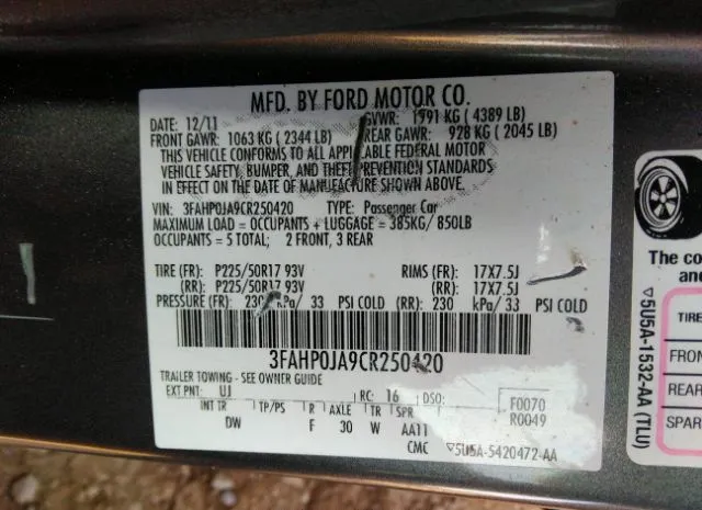 Photo 8 VIN: 3FAHP0JA9CR250420 - FORD FUSION 