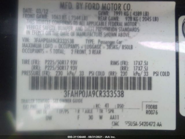 Photo 8 VIN: 3FAHP0JA9CR333538 - FORD FUSION 