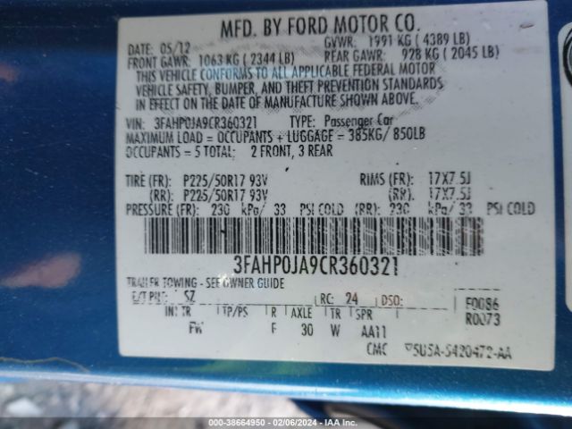 Photo 8 VIN: 3FAHP0JA9CR360321 - FORD FUSION 