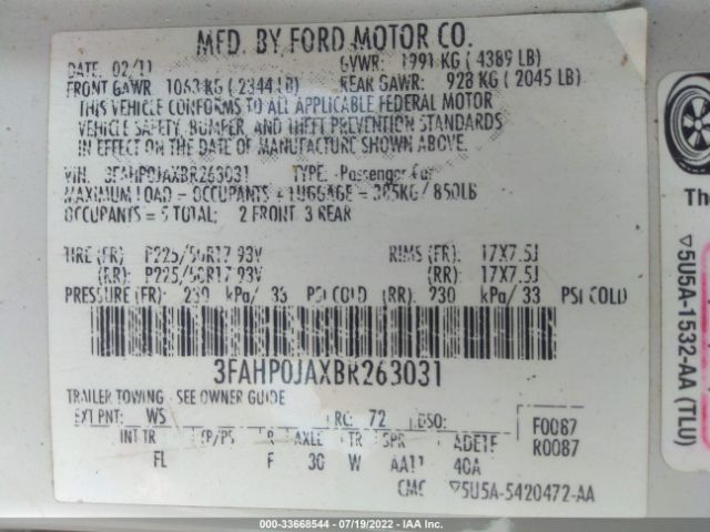 Photo 8 VIN: 3FAHP0JAXBR263031 - FORD FUSION 