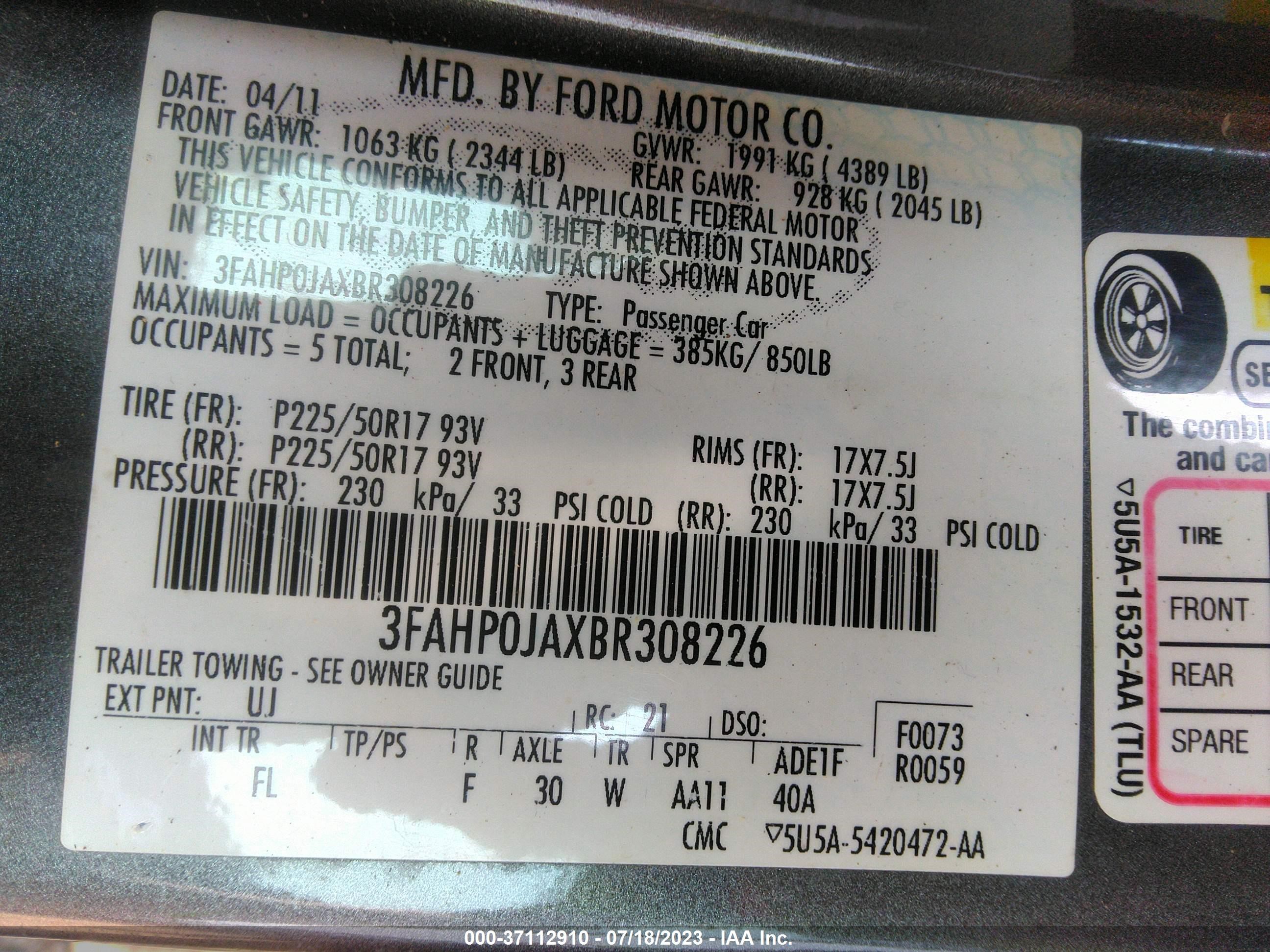 Photo 8 VIN: 3FAHP0JAXBR308226 - FORD FUSION 