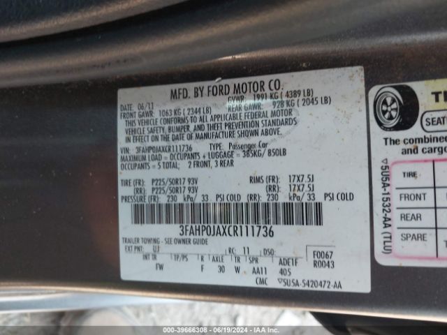 Photo 8 VIN: 3FAHP0JAXCR111736 - FORD FUSION 