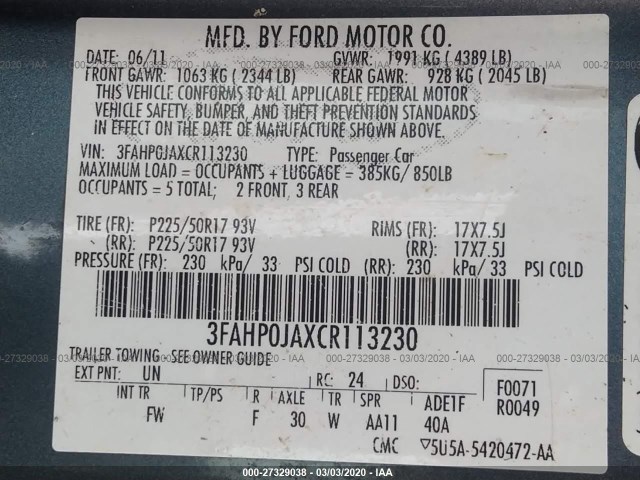 Photo 8 VIN: 3FAHP0JAXCR113230 - FORD FUSION 