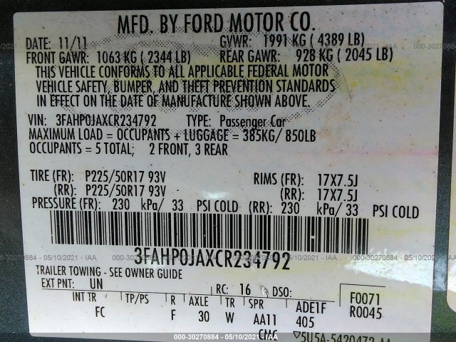 Photo 8 VIN: 3FAHP0JAXCR234792 - FORD FUSION 