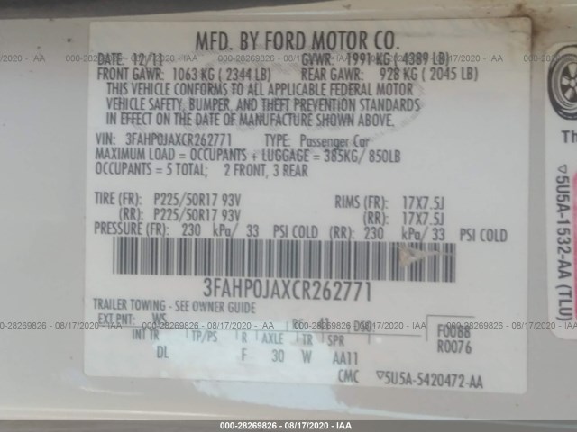 Photo 8 VIN: 3FAHP0JAXCR262771 - FORD FUSION 