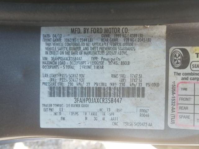 Photo 9 VIN: 3FAHP0JAXCR358447 - FORD FUSION SEL 