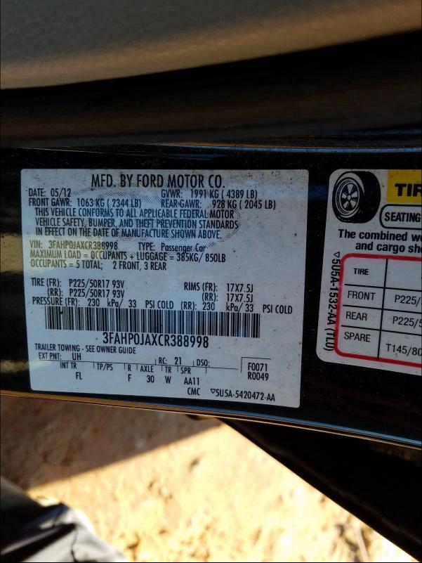 Photo 9 VIN: 3FAHP0JAXCR388998 - FORD FUSION SEL 