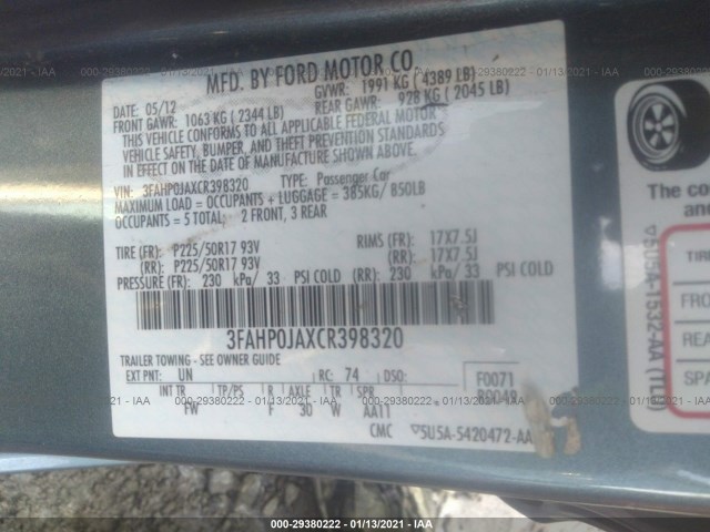 Photo 8 VIN: 3FAHP0JAXCR398320 - FORD FUSION 