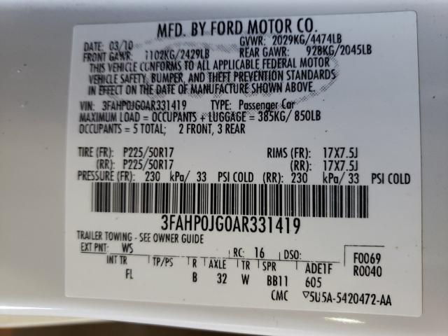 Photo 9 VIN: 3FAHP0JG0AR331419 - FORD FUSION SEL 