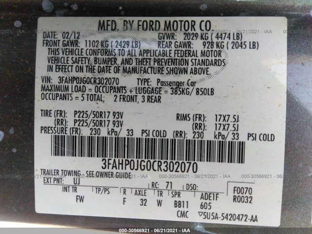 Photo 8 VIN: 3FAHP0JG0CR302070 - FORD FUSION 