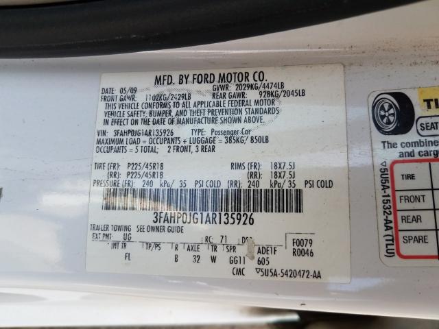 Photo 9 VIN: 3FAHP0JG1AR135926 - FORD FUSION SEL 