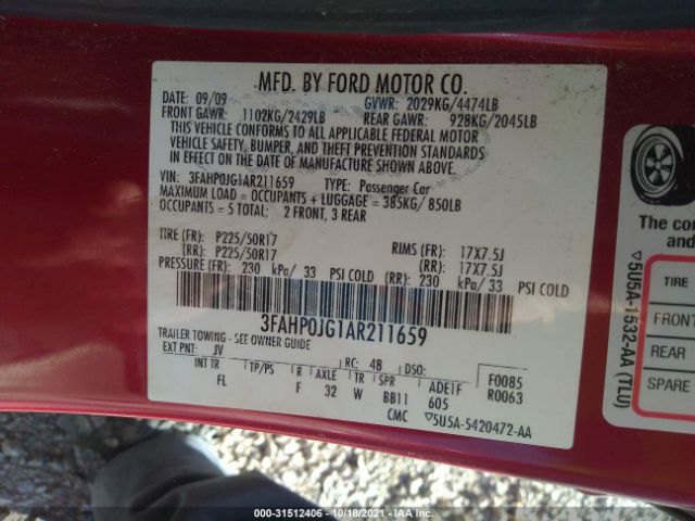 Photo 8 VIN: 3FAHP0JG1AR211659 - FORD FUSION 