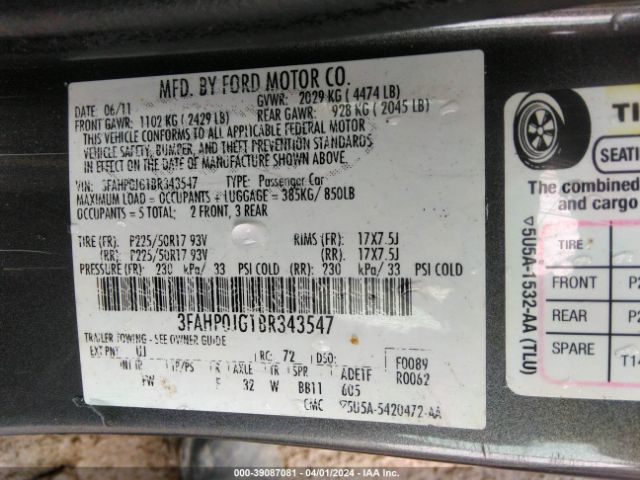 Photo 8 VIN: 3FAHP0JG1BR343547 - FORD FUSION 