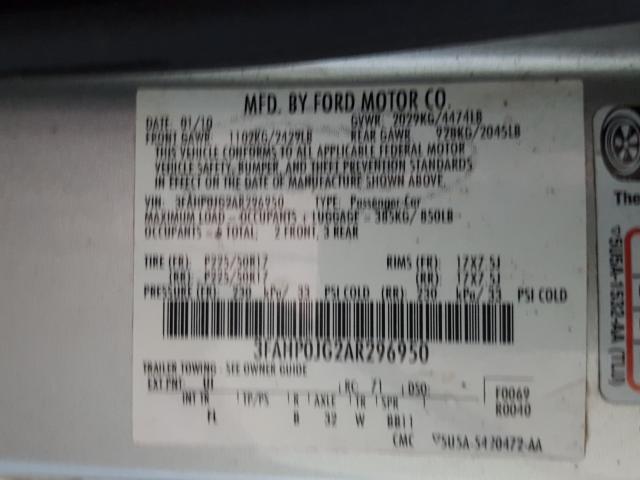 Photo 9 VIN: 3FAHP0JG2AR296950 - FORD FUSION SEL 