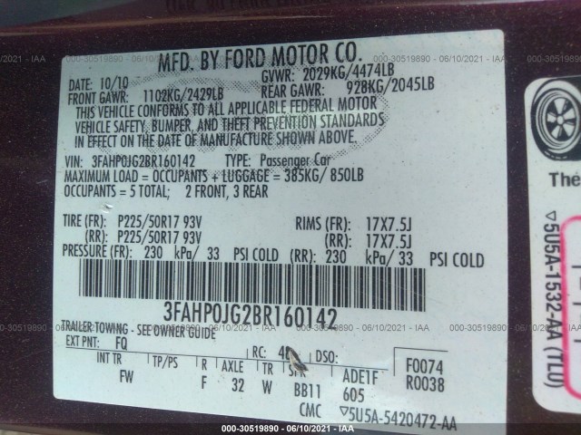 Photo 8 VIN: 3FAHP0JG2BR160142 - FORD FUSION 