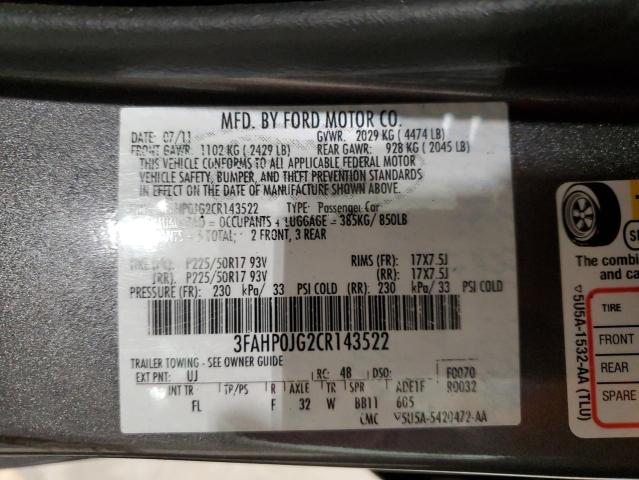 Photo 11 VIN: 3FAHP0JG2CR143522 - FORD FUSION SEL 