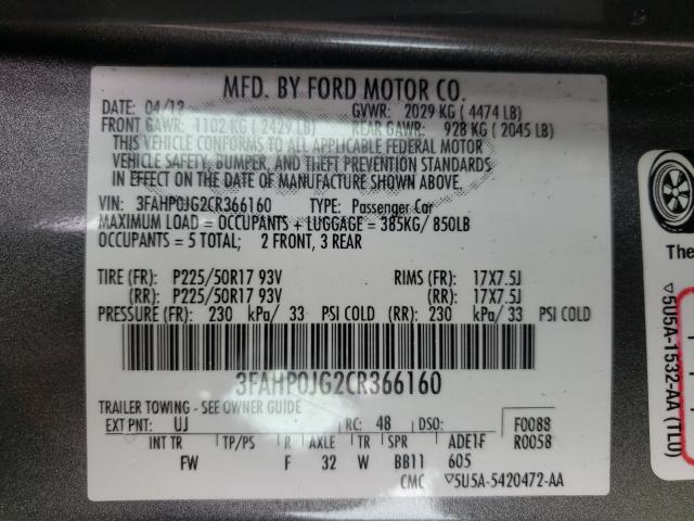 Photo 9 VIN: 3FAHP0JG2CR366160 - FORD FUSION SEL 