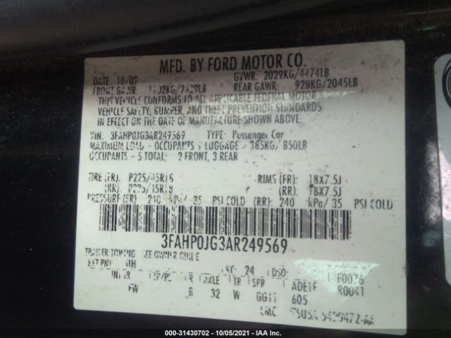 Photo 8 VIN: 3FAHP0JG3AR249569 - FORD FUSION 