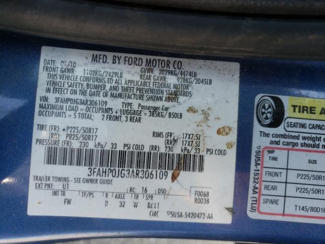 Photo 9 VIN: 3FAHP0JG3AR306109 - FORD FUSION SEL 