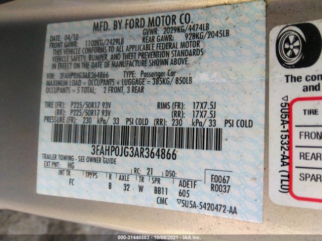 Photo 8 VIN: 3FAHP0JG3AR364866 - FORD FUSION 