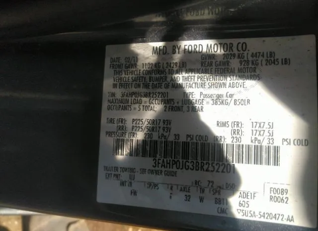 Photo 8 VIN: 3FAHP0JG3BR252201 - FORD FUSION 