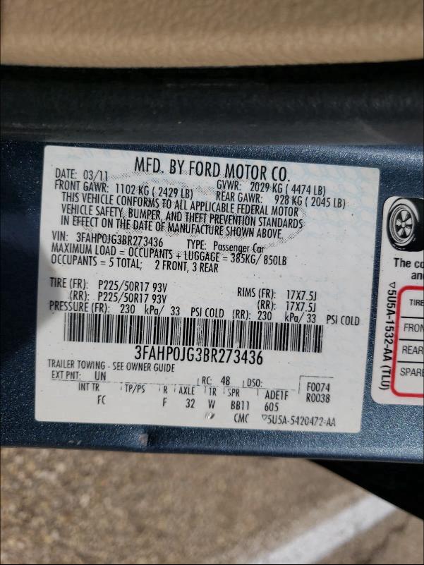 Photo 9 VIN: 3FAHP0JG3BR273436 - FORD FUSION SEL 