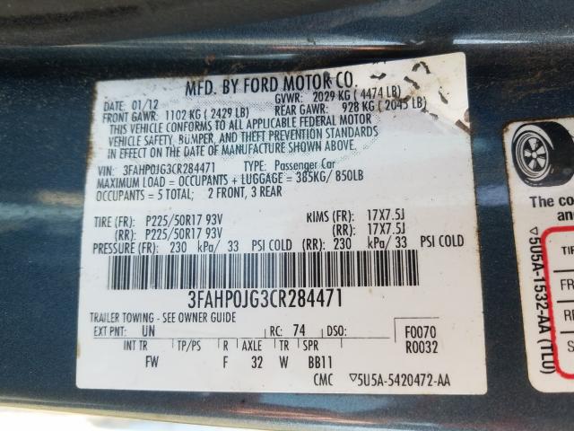 Photo 9 VIN: 3FAHP0JG3CR284471 - FORD FUSION SEL 