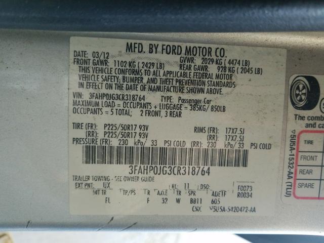 Photo 9 VIN: 3FAHP0JG3CR318764 - FORD FUSION SEL 