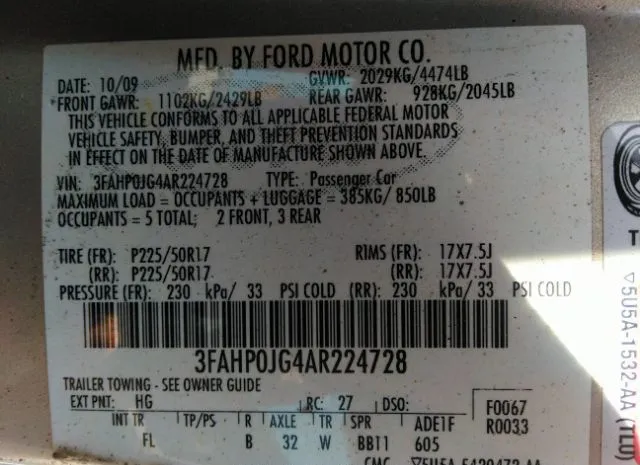 Photo 8 VIN: 3FAHP0JG4AR224728 - FORD FUSION 