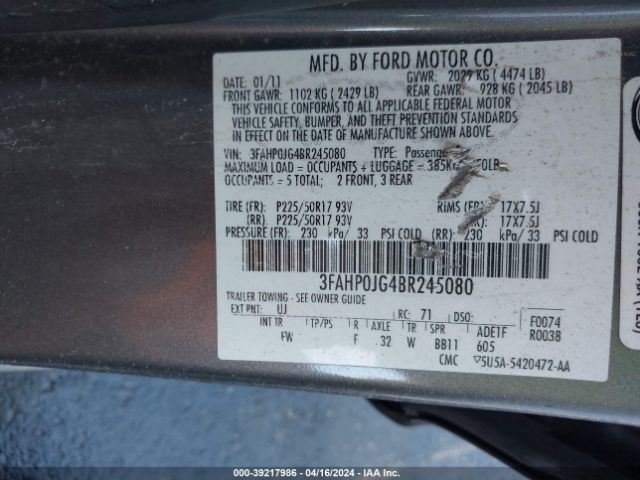 Photo 8 VIN: 3FAHP0JG4BR245080 - FORD FUSION 