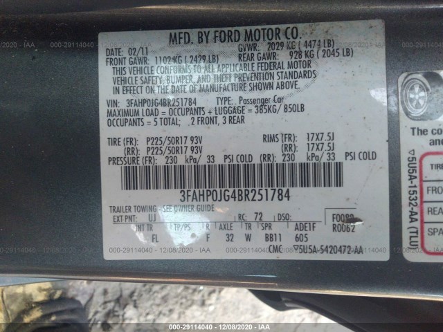 Photo 8 VIN: 3FAHP0JG4BR251784 - FORD FUSION 