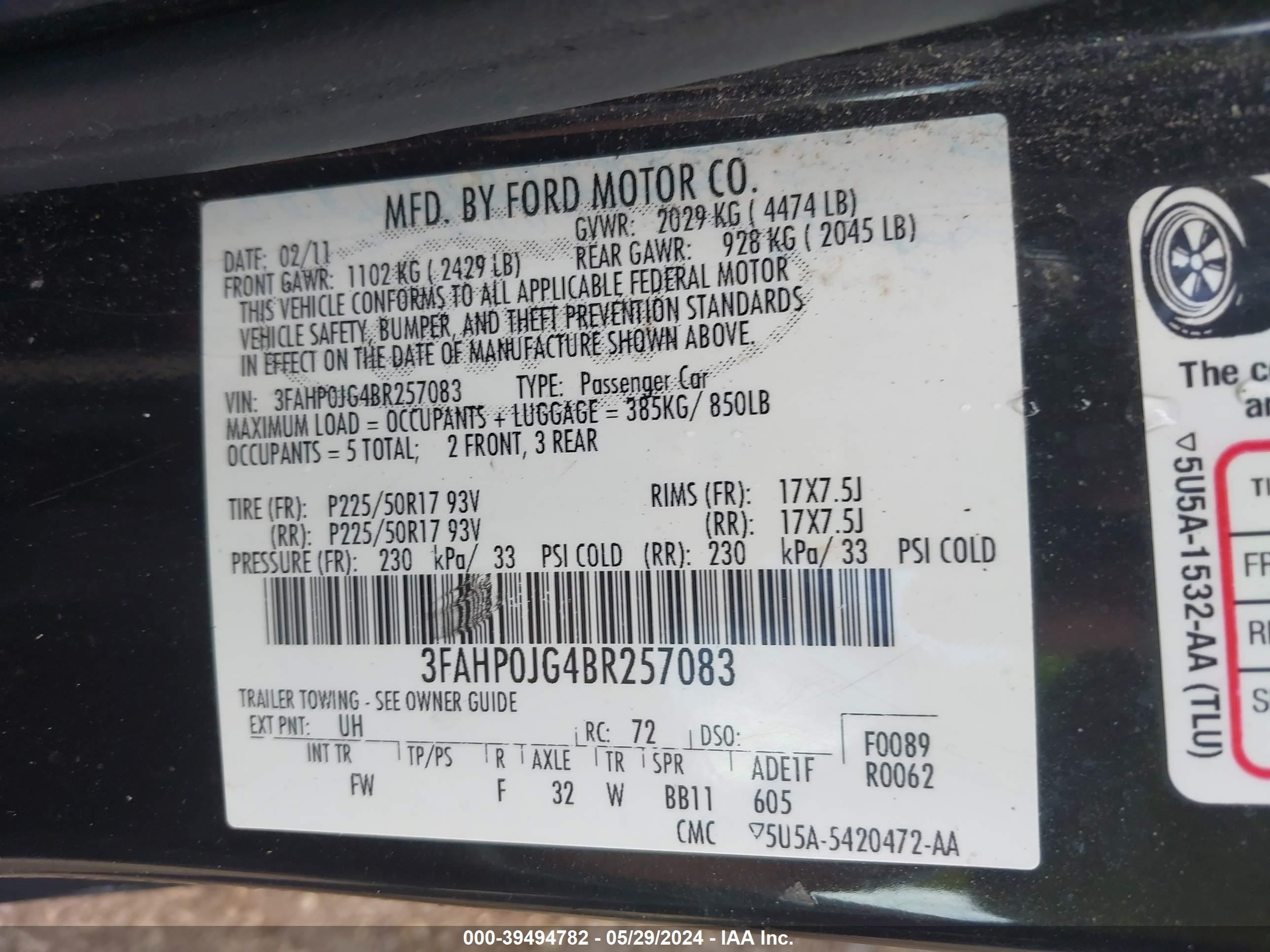 Photo 8 VIN: 3FAHP0JG4BR257083 - FORD FUSION 