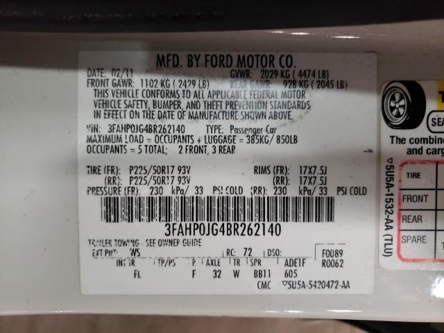 Photo 9 VIN: 3FAHP0JG4BR262140 - FORD FUSION SEL 