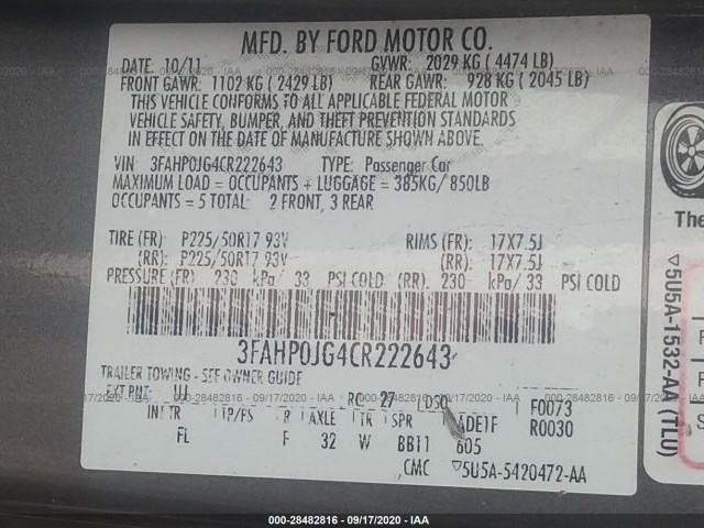 Photo 8 VIN: 3FAHP0JG4CR222643 - FORD FUSION 