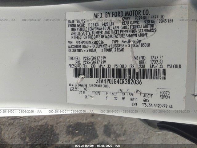 Photo 8 VIN: 3FAHP0JG4CR382036 - FORD FUSION 