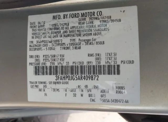 Photo 8 VIN: 3FAHP0JG5AR409872 - FORD FUSION 