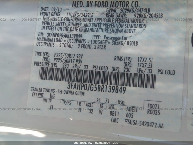 Photo 8 VIN: 3FAHP0JG5BR139849 - FORD FUSION 