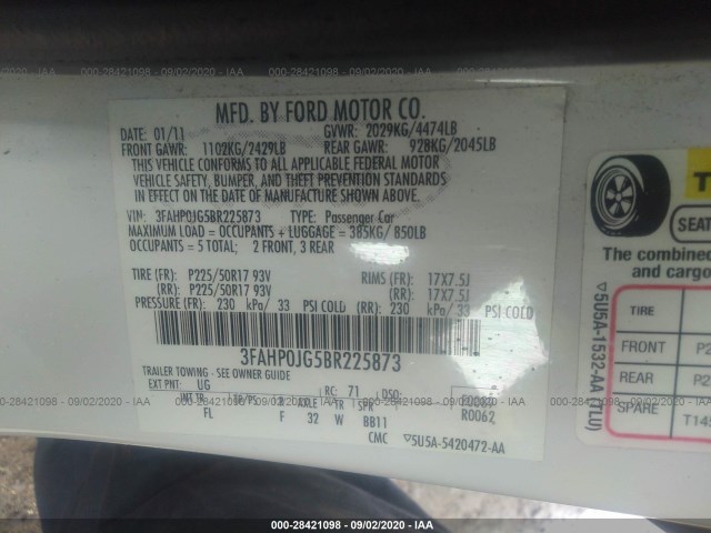 Photo 8 VIN: 3FAHP0JG5BR225873 - FORD FUSION 