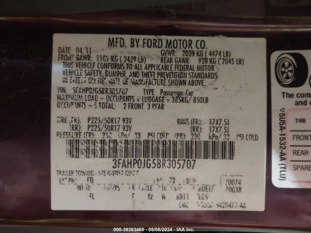 Photo 8 VIN: 3FAHP0JG5BR305707 - FORD FUSION 