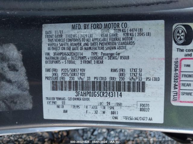 Photo 8 VIN: 3FAHP0JG5CR243114 - FORD FUSION 