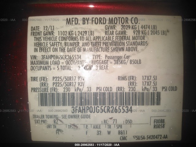 Photo 8 VIN: 3FAHP0JG5CR265534 - FORD FUSION 